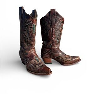 Corral Women's Chestnut Marble & Turquoise Winged Fleur de Lis, Cowboy Boots 7.5